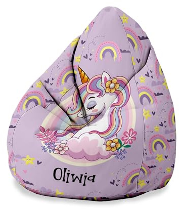 DreamRoots Sitzsack Kinder personalisiert 80x80x120, Unicorn | Personalisierte Geschenke Kinder, Bean Bag, Kindersitzsack, Kinderzimmer, mit Füllung, Sitzkissen Boden