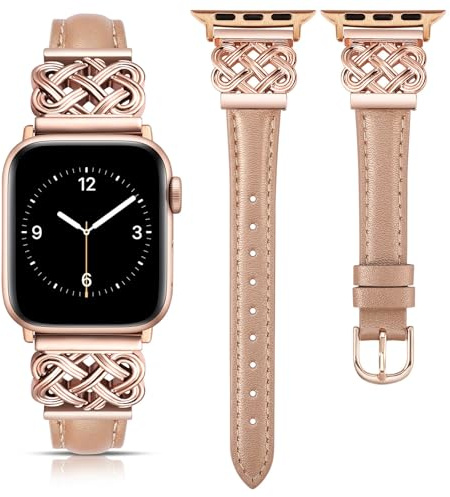 TOYOUTHS Leather Strap Compatible with Apple Watch Straps 38mm 40mm 41mm 42mm Women, Slim Thin Leather Strap with Dressy Interlock Buckle for iWatch 11 10 9 8 7 6 5 4 SE 3 2 1, Rose Gold/Rose Gold