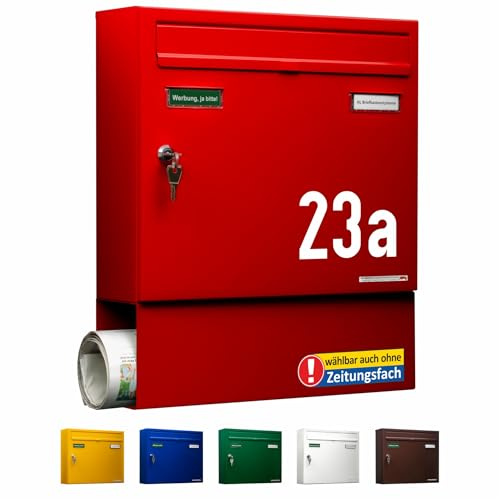AL Briefkastensysteme Briefkasten mit Hausnummer rot RAL 3000 - Basic 1er Briefkasten mit Zeitungsfach und Namensschild wetterfest Din A4 - Postkasten mit Hausnummernschild personalisiert