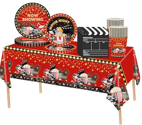 69 Pièces Vaisselle de Fête Films Hollywood,Assiettes Carton Jetable Gobelets Serviettesr en Papier et Nappe Plastique,Vaisselle Jetable Recyclable Kit Rouge Decoration Soirée Cinéma Fournitures Fêtes