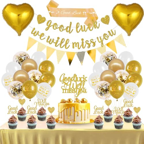 We Will Miss You Banner - Gold Good Luck Sash Bunting Flags Heart Foil Balloon Cupcake Toppers Set for Retirement Office Colleague Farewell Going Away Party, Sorry for Your Leaving Decorations