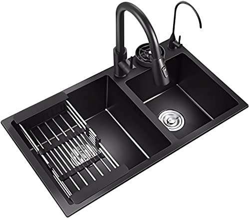 LAMEDOAT Fregadero de Cocina de Dos Senos para empotrar o bajo encimera con Grifo extraíble, Grifo de Limpieza, lavavasos y Juego de desagüe (Color: B, tamaño: 75 x 40 cm)