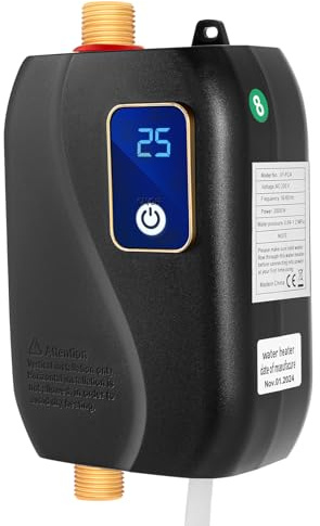 ACROSSPART Mini Klein Durchlauferhitzer 3.5 KW Elektronisch Tankless Water Heater Tankless Küche Warmwasser Satz Elektrische Durchlauferhitzer mit LCD Temperaturanzeige Schwarz