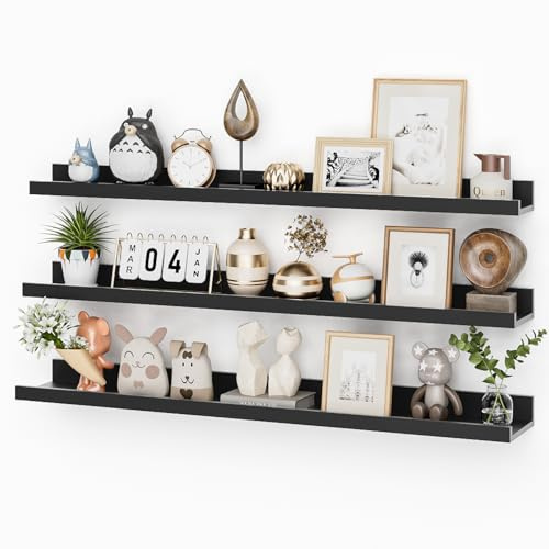 Feihorrm Wandregal 3er Set, Regal Schwarz, 90cm Schweberegal aus Holz | Bilderleiste für Bilderrahmen und Dekorationen, Regal Wand für Arbeitszimmer, Wohnzimmer, Schlafzimmer, Küche und Büro