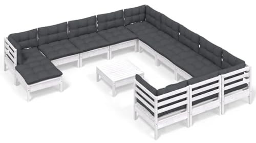 HETFTJN Lounge Sofa Bierzeltgarnitur Balkonmöbel Outdoor Lounge - 13-TLG. Garten-Lounge-Set mit Kissen Weiß Kiefernholz für Balkon Café Hof Terrasse