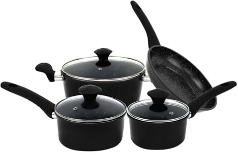 Comfy Nest,CN04661-BLK, Set di pentole 7 pezzi con rivestimento in marmo, compatibile con tutti i piani cottura, manici ergonomici, facile da pulire, Colore: Nero