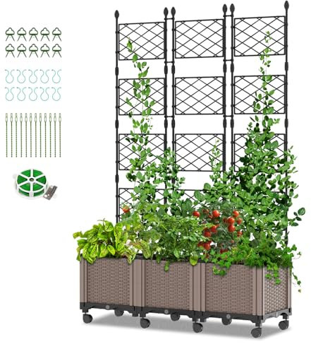 SUNYRISY Hochbeet mit Rankgitter, Blumenkasten mit Rankhilfe und Rollenrad, 3 Stück Garten Planter Box mit Rädern und Trellis, Selbstbewässerung Pflanzkasten Pflanzkübel für Anbau Kletterpflanzen
