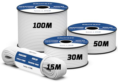 Brotree 550 Paracord 4mm 50m 100% Polyesterrep 7 Trådar Fallskärmslina Typ III Snöre Sladd för Utomhus, Camping, Hundkoppel, Överlevnad, Hantverk - 250kg Brottlast (Vit)