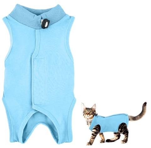 Tibapla Tuta da Recupero Gatto, Tutina da Gatto Traspirante, Body Post Operatorio Anti-Leccato per Animale, E-Collar Alternativa Tuta Chirurgica per Ferite Addominali (Blu, S)