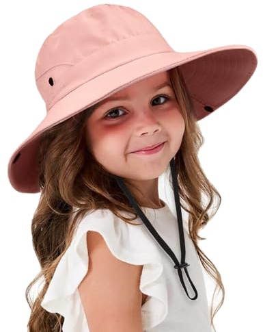 DRESHOW Baby Solhatt Småbarn Utomhus Vikbar Mesh med Bred Skärm Fiske Hästsvans Solskydd Hattar Sommarhatt med Hakrem för Barn Flickor 3-8 År