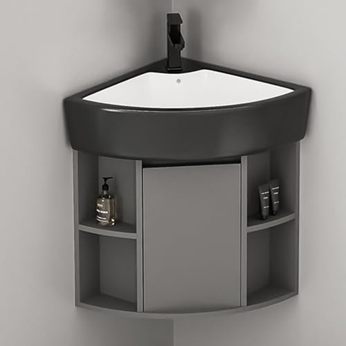 YUGXTH Meuble-lavabo d'angle, Lave Main d'angle, Meuble-lavabo d'angle en Forme de Triangle, Lavabo en Céramique avec Récipient de Rangement pour Petit Espace(38cm/14.9in)