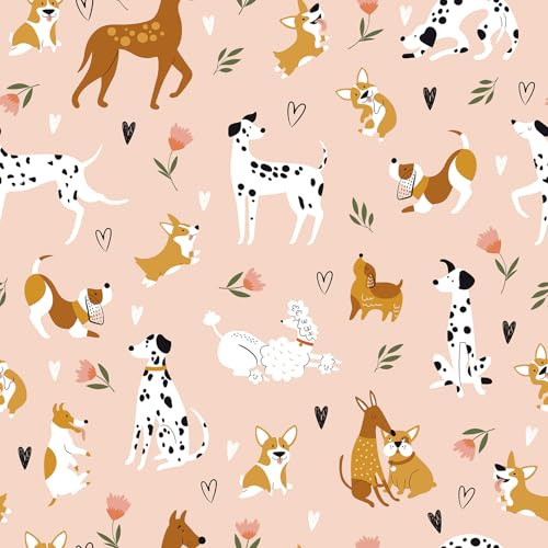 VEELIKE Selbstklebende Tapete Kinderzimmer Rosa Spaß Hund Puppenhaus Tapete Welpen Mustertapete 44.5 cm × 300 cm Mischlingshund Fototapete Kinderzimmer Spielzimmer Tiertapete Blumentapete Abnehmbar