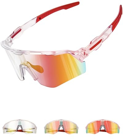 Winyoher Fahrradbrille Herren Selbsttönend, Damen Sportbrille, UV400 Rennrad Lauf Brille Für Radfahren,Beachvolleyball- Rot Photochrom Sport Sonnenbrille Selbsttönend Schnelle Brille