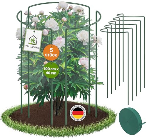 TTL GARDEN Strauchstützen 100cm x 40cm 5er Set + Klettband - Pflanzenstütze | Stahl rostfrei Kunststoff beschichtet - Pflanzenhalter Staudenhalter Blumenhalter Hortensie Rose Pfingstrose Ø 5,5mm grün