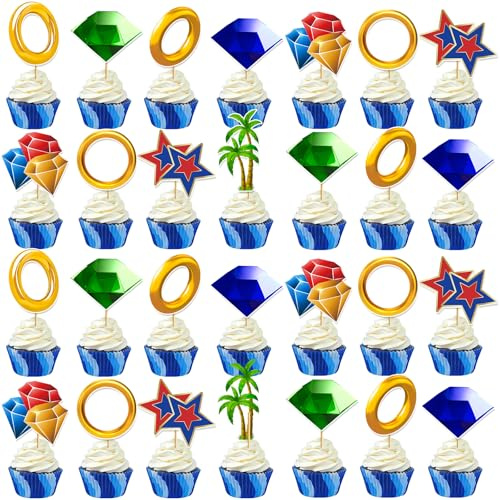 Tentaquil 48pcs Blue Hedgehog Theme Cupcake Toppers - Video Game Party Decorations Kids Birthday Cake Picks Cartoon Style Party Supplies
