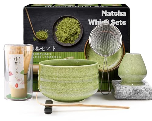 Service à thé Macha 7 pièces avec cuillère à matcha, porte-fouet, fouet à matcha, pelle, passoire, accessoires de thé japonais traditionnel en bambou, fouet de cérémonie du thé, meilleur cadeau, vert