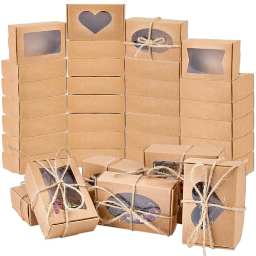 Beebeecraft 40 Stück Bäckerei Boxen mit 4 Styles Fenster 6.2 x 9.4 x 3.2 cm Papierkuchenboxen Mit Juteschnüren Cookies Cupcakes Muffin Süßigkeiten Kuchen Verpackung