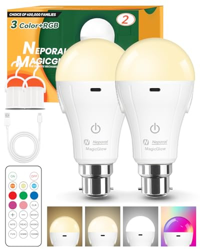NEPORAL RGB Rechargeable Light Bulb with Remote – 15W 60W Eq., 8 Colors & Dimmable with 5 Preset Modes, USB 2000mAh Battery, Wireless Easy Install Color Bulb for Home, Party, Emergency,2PK B22 Bayonet