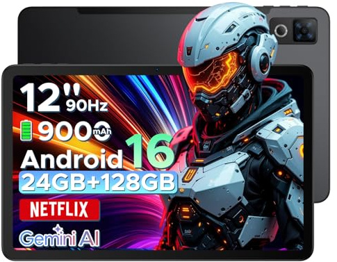 DOOGEE U12 Tablette Android 16, Tablette 12 Pouces, 24GB RAM+128GB ROM(TF 2TB), Batterie 9000 mAh 18W Charge Rapide, Unisoc T7255 Octa-Core Caméra 13MP Tablette Tactile, 5G WiFi Bluetooth GPS