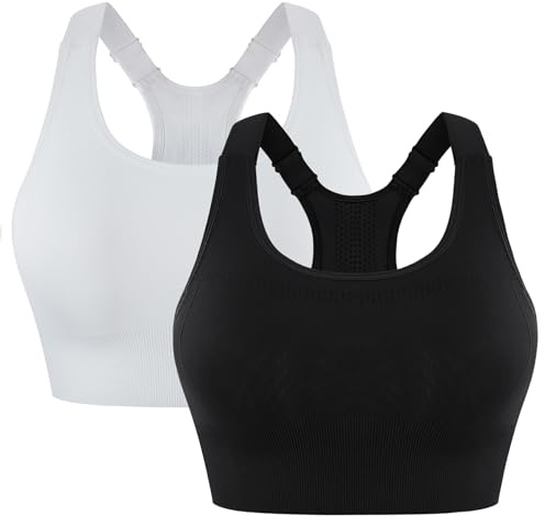 Leversic Gym Toppar Dam Sport BH med Justerbara Breda Axelremmar Ryggar Racerback Sport Bas Stöd Medium till Hög Löpning, Fitness, Yoga S-XL, Svart + vit, M