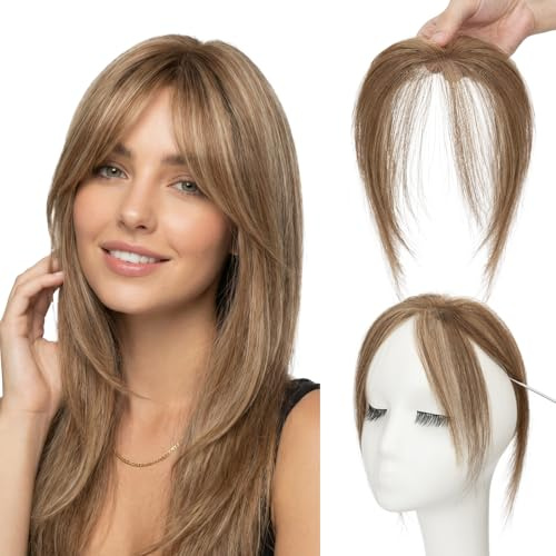 SEGO Pro Pony hårförlängning av äkta hår, extensioner, clip-in lugg, puffin med 2 klipp, hårtoppar, 100 Remy-hår, Air Bangs för damer, mellanbrunt/honungblondt #4p27