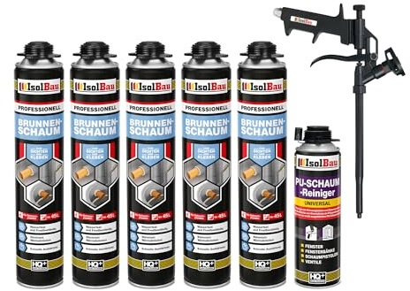 Isolbau - Brunnenschaum 1K Bauschaum Wasserdicht Aussen und Innen - 5 x Montageschaum 750 ml, 1 x PU-Schaum-Reiniger & 1 x Schaumpistole - PU-Schaum - Pistolenschaum Dämmschaum Isolierschaum