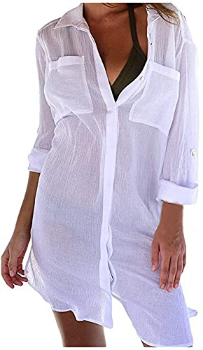 Cardigan strand blus ärm lång up wear chiffong skydd dam lös topp badkläder tankinis set fitness tanktoppar, Vit, S