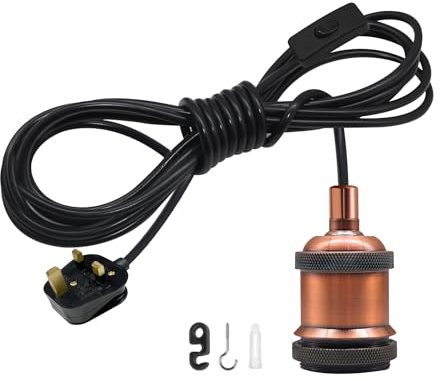 Plug in Hanging Pendant Light with Burgundy Metal Socket, Extra Long 500cm Cable Ceiling Rope Pendant Lighting, E27 Lamp Holder with Switch On/Off, Farmhouse Style DIY Hang Lamp Cord Kit(No Bulb)