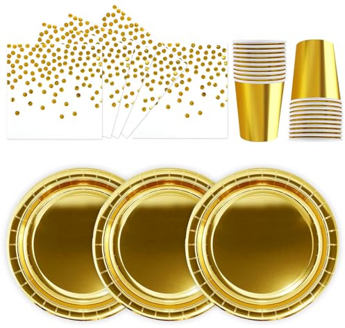 HiEnjoin 72 Stück Partygeschirr Set,Golden Papiergeschirr Set,Geburtstag Party Geschirr Becher Serviette Pappteller für Babypartys, Geburtstag, Geburtstagsparty Deko-24 Gäste