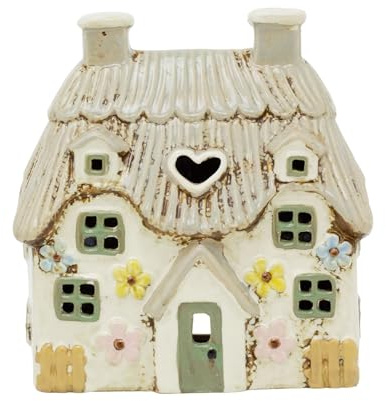 Thatched Cottage Tea Light Holder | 18cm Large Stoneware Ceramic House Tealight Candle Holder with Embossed Flowers