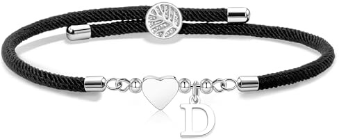 Suonie Regalo de Pulsera de Cuerda de Trenza Hecha a Mano,Pulsera Ajustable del Corazón de Plata 26 Inicial A-Z Para la Hija Hijo Madre Hermana Cumpleaños Navidad