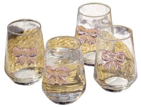 Darthome Set of 4 Pink Bow Tulip Tumbler Glasses, Clear Glass, 400ml, Dishwasher Safe, for Wine, Cocktails & Water
