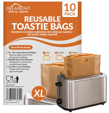 XL Reusable Toastie Bags [10 Pack] - Non-Stick Toaster Bags for Toasted Sandwiches | Up to 50 Uses Per Bag | Air Fryer, Grill & Dishwasher Safe | BPA & PFOA-Free | Ideal for Larger Bread & Fillings