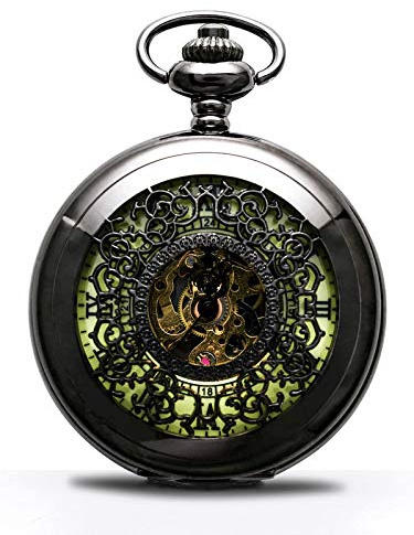 BOSHIYA Reloj de bolsillo vintage mecánico luminoso steampunk esqueleto números romanos cuerda mano reloj de bolsillo con cadena para hombre y caja de regalo, Tallado, luminoso, Reloj de bolsillo