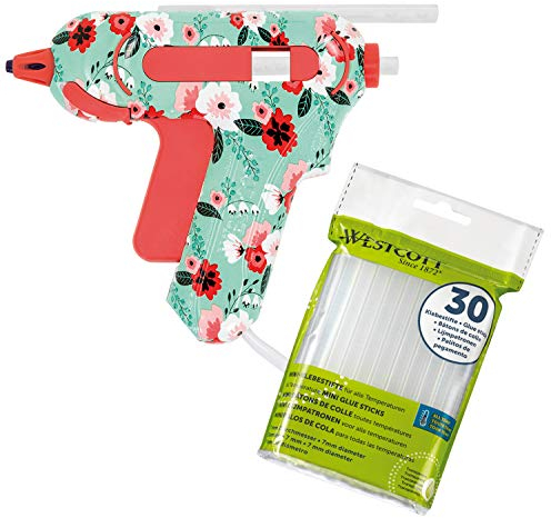 WESTCOTT Heißklebepistole I Starter-Set: inklusive 30 Klebesticks I mini I klein I bunt I für Kinder I Blumen-Muster I Geschenk I Basteln I türkis, rot, pink I DIY I 7 mm I 10-20 W I 16002 AZ