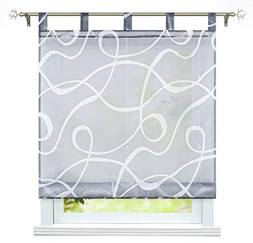 ESLIR Raffrollo mit Schlaufen Transparente Raffgardinen Schlaufenrollo Modern Gardinen Küche mit Strichen-Muster Grau BxH 100x150cm 1 Stück