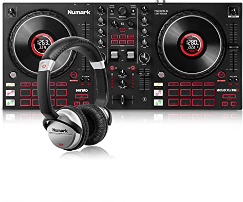 Numark Mixtrack Platinum FX + HF-125 - Console DJ con 4 Deck, Mixer DJ, Scheda Audio, Jog Wheel con Display, Effetti e Serato DJ Lite + Cuffie DJ con Filo