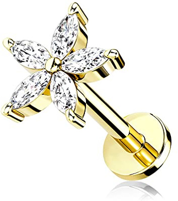 beyoutifulthings 1 Knorpel Ohr-Stecker Zirkonia Blume viele Farben 6/8 mm Länge Cartilage Piercing-s Labret Tragus Edelstahl Schraub-Verschluss