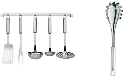 WMF Profi Plus Küchenhelfer Set 6-teilig, Hängeleiste mit 5 Helfer, Schöpflöffel, Schaumlöffel & Profi Plus Spaghettilöffel 32 cm, Cromargan Edelstahl teilmattiert, ideal als Nudelzang