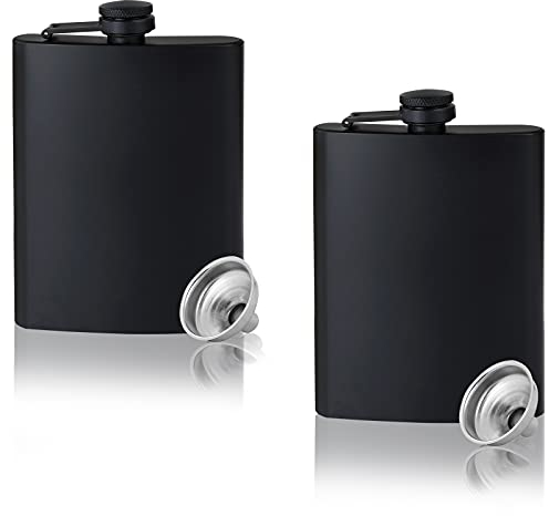 Lot de 2 flasques pour liqueur pour homme, 236,8 g, en acier inoxydable noir mat, étanche et entonnoir, avec bouchon en métal, fioles pour fête de mariage, activités de plein air