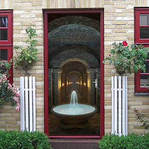 3D Door Art 90X200Cm Removable Stone Pillar Fountain Water Torch Door Stickers, PVC Self-Adhesive Waterproof Door Murals, Children Kids Bedroom Bathroom Kitchen Interior Doors Decoration Stick