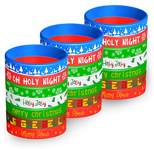 FEPITO 70 Pieces Christmas Silicone Wristbands Rubber Band Bracelets for Christmas Party Decoration Supplies 7 Merry Xmas Style