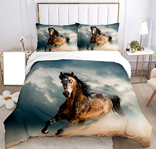 SHUAIG Juego de ropa de cama con diseño de caballos en 3D, para niños, niñas, adolescentes, con caballos de animales, funda nórdica y funda de edredón, color marrón, 200 x 200 cm