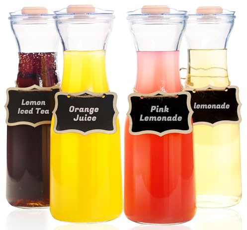 AYL Juego de 4 jarras de vidrio con tapas, jarra de agua de 1 litro para bebidas, jarra de vidrio transparente para barra de mimosa, agua fría, brunch, vino, jugo, leche, té helado, limonada, 1 tapa