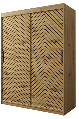 Kleiderschrank Snoter I, Schwebetürenschrank mit 2 Kleiderstangen, Fischgrätenmuster, Schiebetürenschrank für Schlafzimmer, Garderobe (Modell 150, mit Schubladen, Artisan/Artisan + Schwarz)