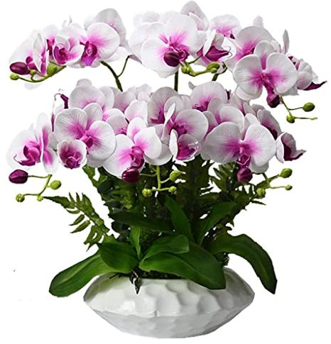HRTC Künstliche Phalaenopsis-Blumen, Polyurethan-Kunstorchideen, Pflanze, künstliche Blumen, Übertopf, Set, Vase, Dekoration für den Innenbereich