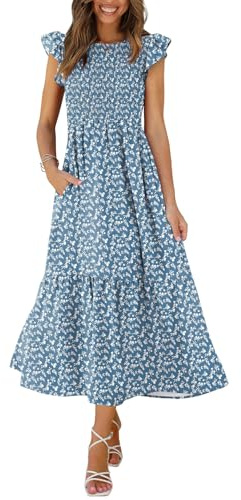 OFEEFAN Summer Maxi Dress Long Dress Tiered Dress Women Easter Dress Blue Floral Dress S