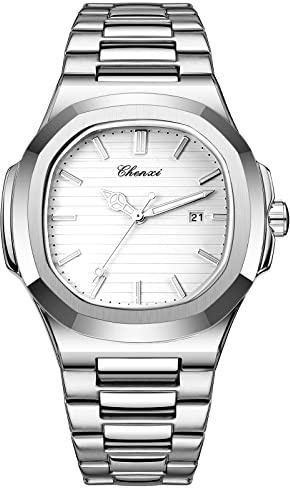 JewelryWe Kvartsur för män, Damklocka Mode Fyrkantig Romb Boett Lysande Stång Skala Lysande Händer Solid Rostfritt Stål Band, Vit, 4-Herrenuhr, armband