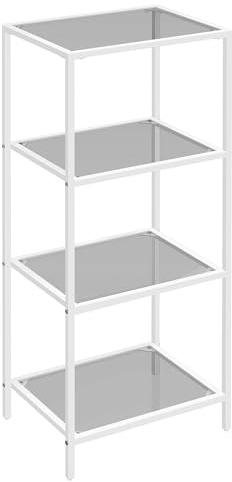 VASAGLE hylla med 4 hyllor, badrumshylla, härdat glas, enkel installation, för badrum, vardagsrum, kök, kontor, skiffergrå-pärlvit LGT028W01