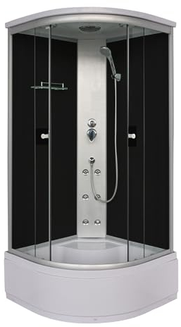 Sanotechnik Cabina de Ducha Completa PC50 90 x 90 x 215 cm – Cristal Trasero Negro, con alcachofa, Ducha de Mano, chorros de Masaje, Cristal de Seguridad, Ruedas Dobles, con Plato de Ducha, 2 Puertas